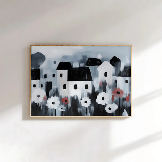 Cuadro Decorativo Ilustración Casas y Flores