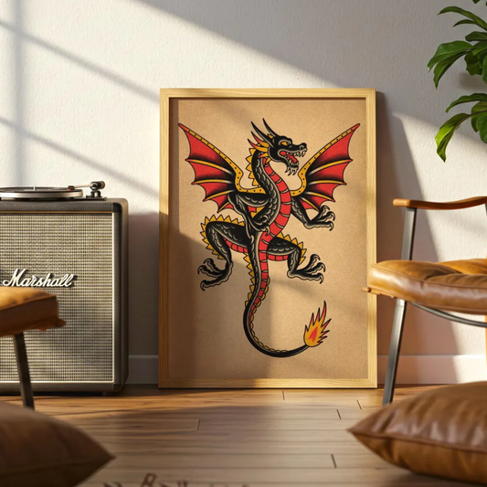 Cuadro Decorativo Tatuaje Dragón rojo, estilo vintage