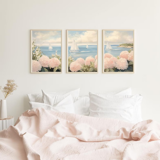 Set x3 Cuadros Decorativos hortensias rosas y veleros