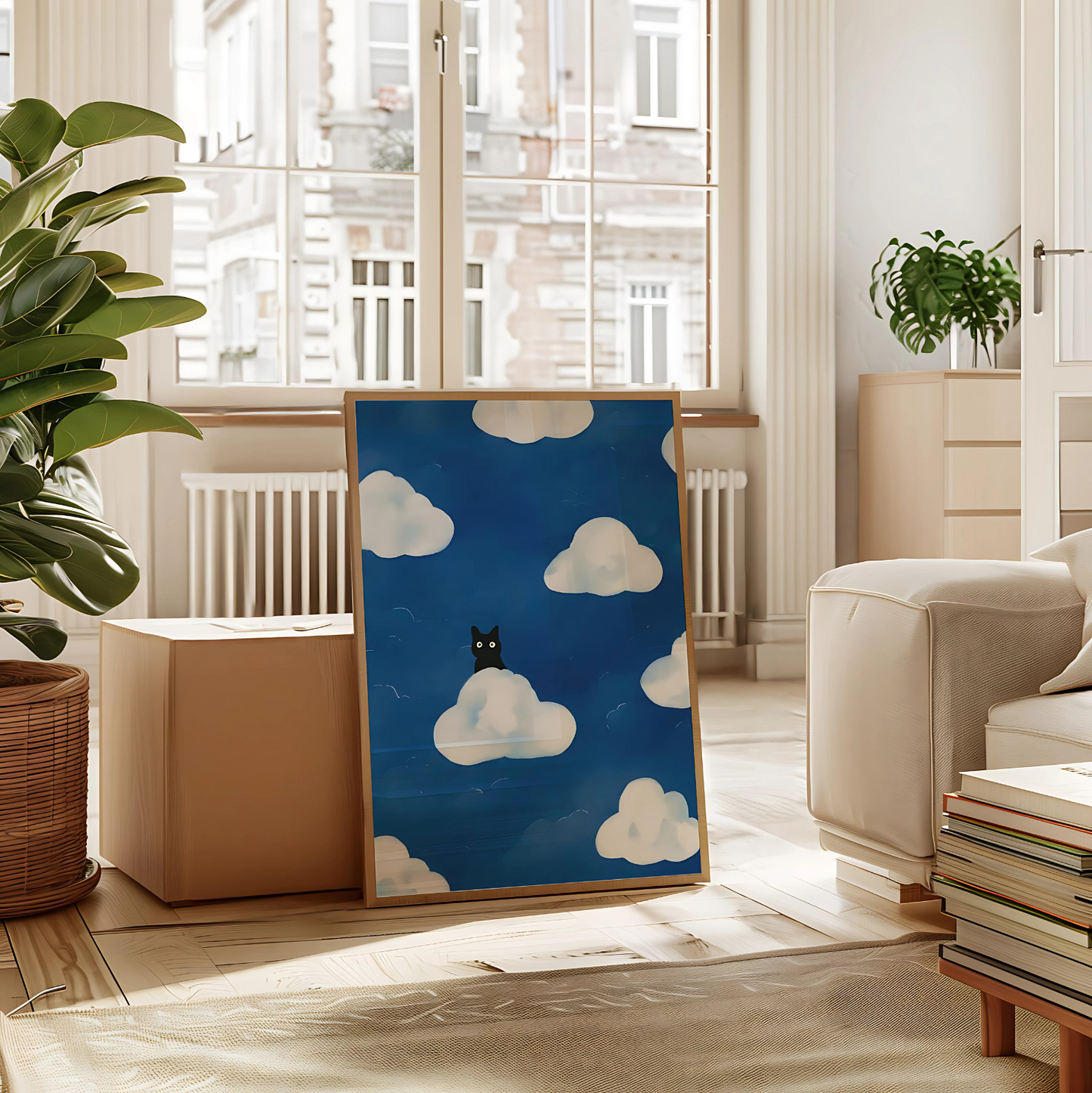 Cuadro Decorativo Gato Sobre Una Nube Fondo Azul