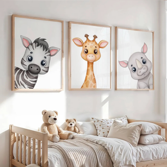 Set x3 Cuadros Decorativos cebra, jirafa y rinoceronte