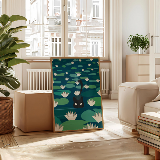 Cuadro Decorativo Gato Negro Nadando En Lago