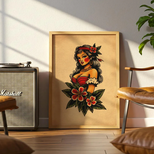 Cuadro Decorativo Tatuaje pin-up hawaiana