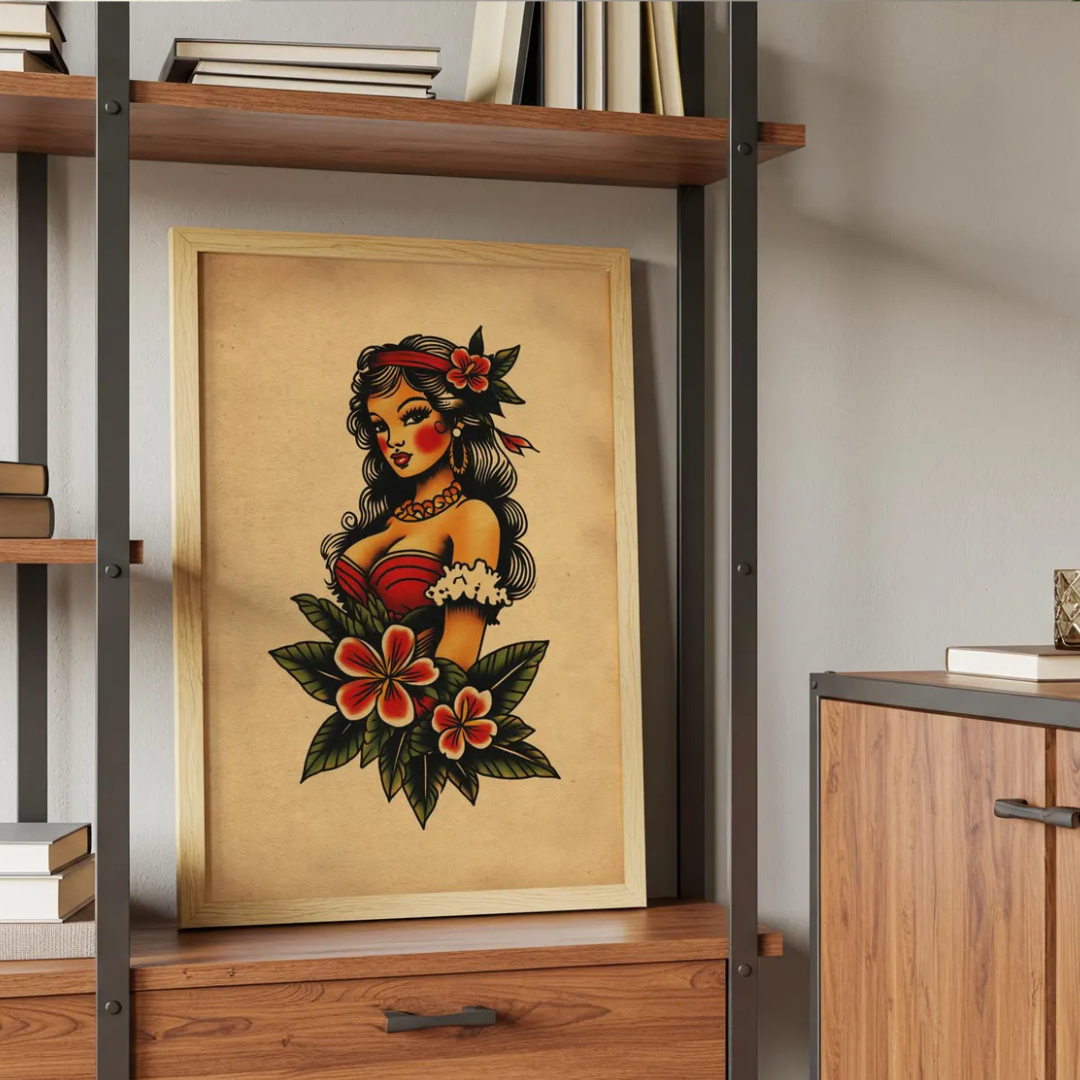 Cuadro Decorativo Tatuaje pin-up hawaiana