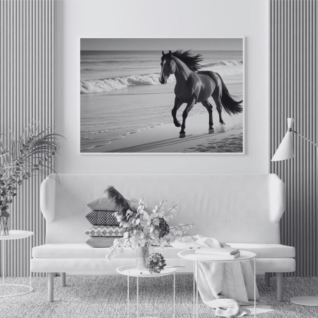 Cuadro Decorativo Caballo negro corriendo en la playa