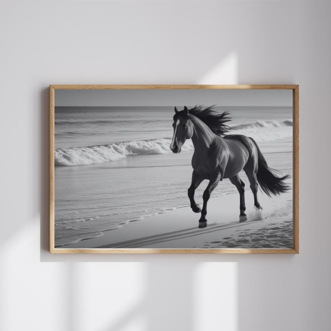Cuadro Decorativo Caballo negro corriendo en la playa