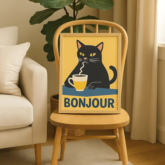 Cuadro Decorativo Gato Oliendo Cafe Bonjour