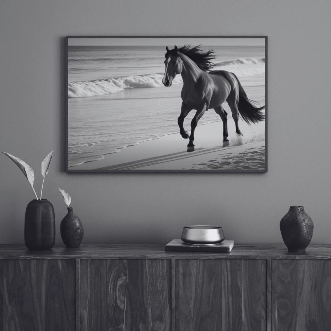 Cuadro Decorativo Caballo negro corriendo en la playa