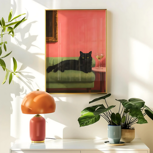 Cuadro Decorativo Gato Negro Recostado Sillón Verde Fondo Rosa