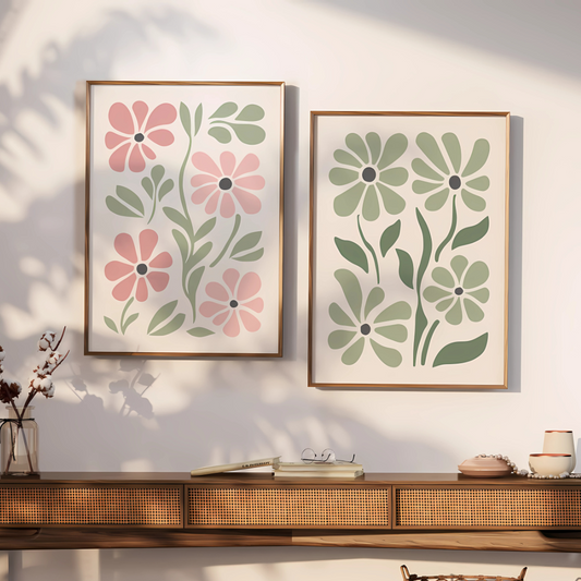 Set x2 Cuadros Decorativos Abstracto Flores Rosas Y Verdes