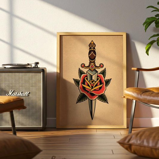 Cuadro Decorativo Tatuaje tradicional de daga y rosa
