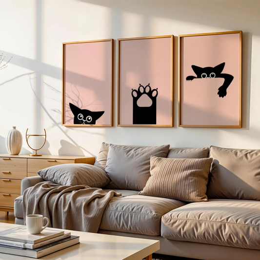 Set x3 Cuadros Decorativos  gato negro asomado