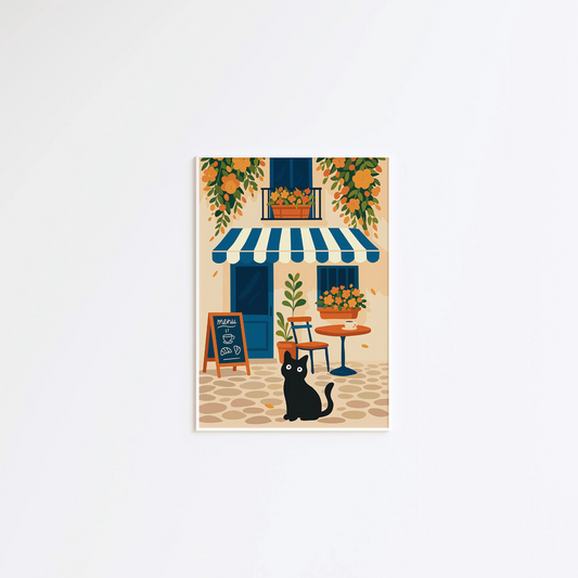Cuadro Decorativo Gato Negro Sentado Delante De Cafetería Azul