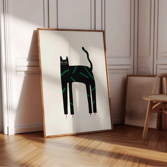 Cuadro Decorativo Gato Negro Patas Largas Con Rayas Verdes