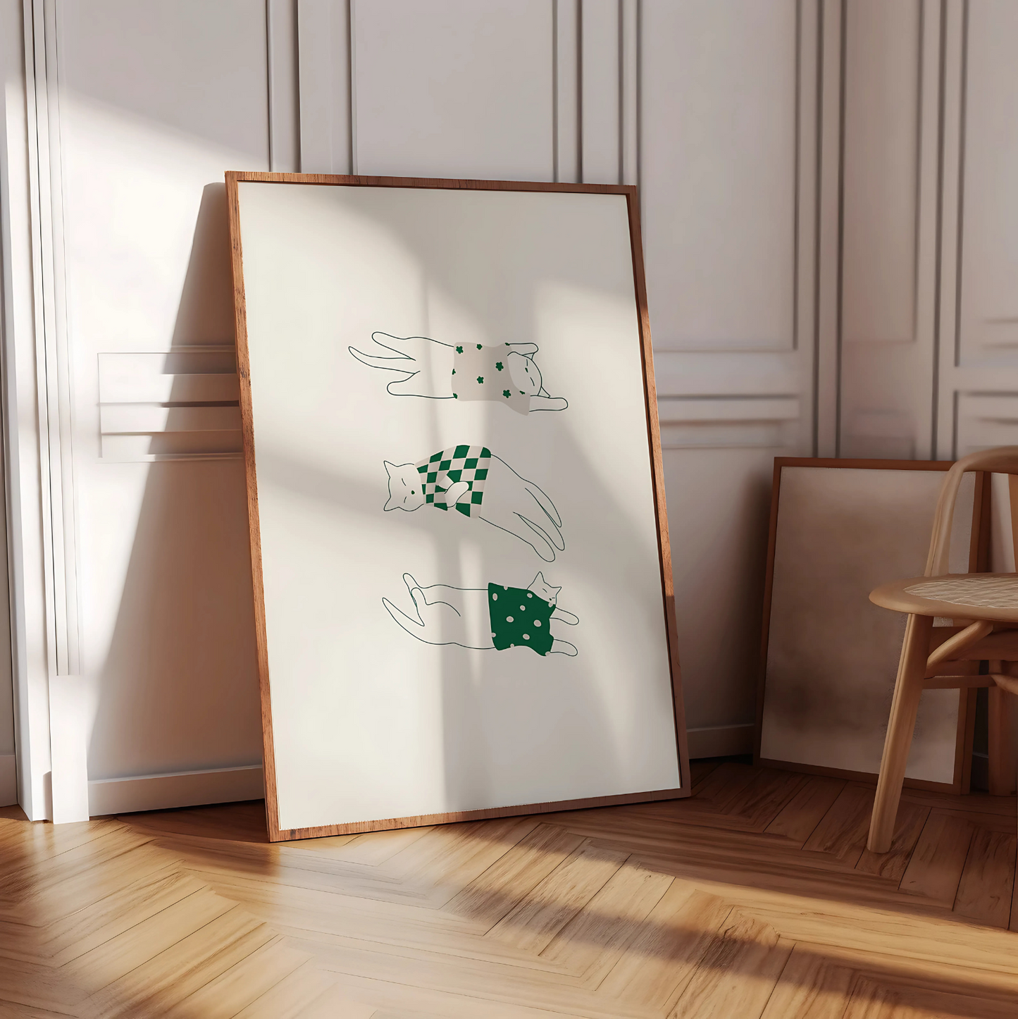 Cuadro Decorativo Gatos Vestidos Con Prendas Verdes