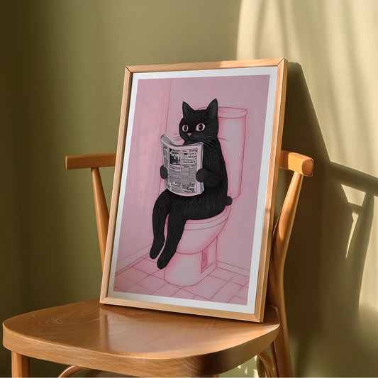 Cuadro Decorativo Gato Negro Sentado En Baño Rosa Leyendo Un Diario