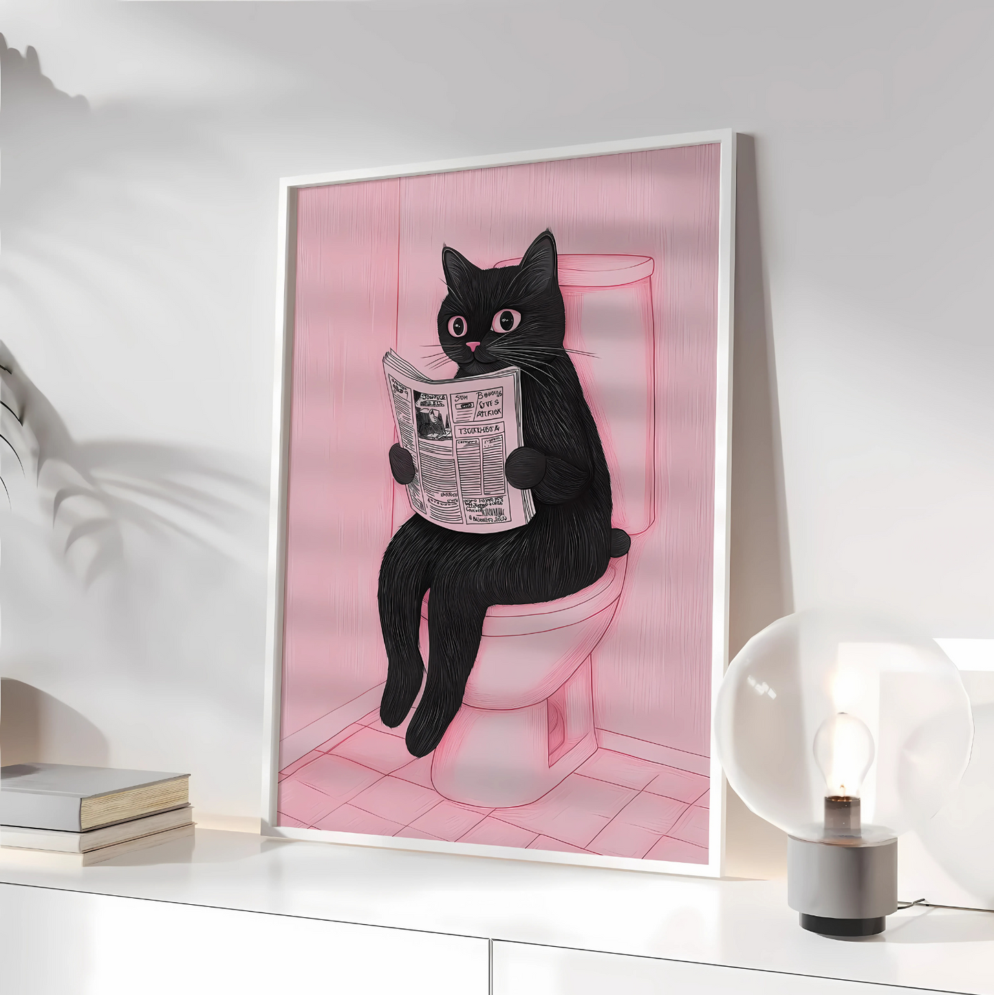 Cuadro Decorativo Gato Negro Sentado En Baño Rosa Leyendo Un Diario
