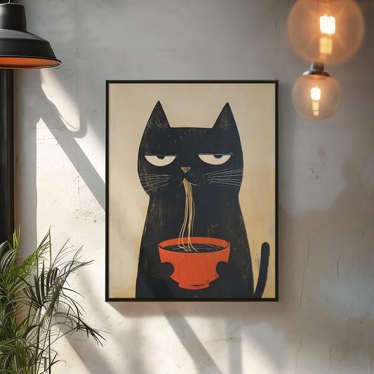 Cuadro Decorativo Gato Negro Enojado Comiendo Fideos