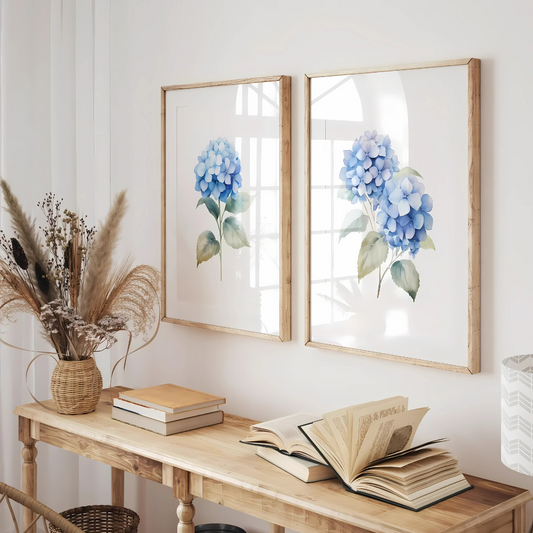 Set x2 Cuadros Decorativos Botánicos Flores Realistas En Azul Con Hojas Verdes