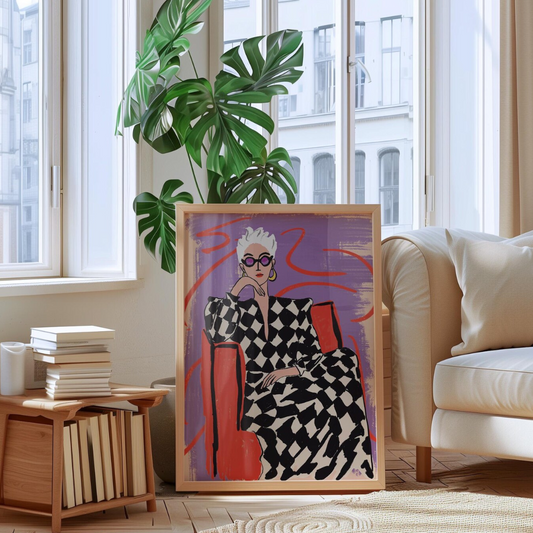 Cuadro mujer glamurosa con vestido a cuadros, ilustración de moda audaz