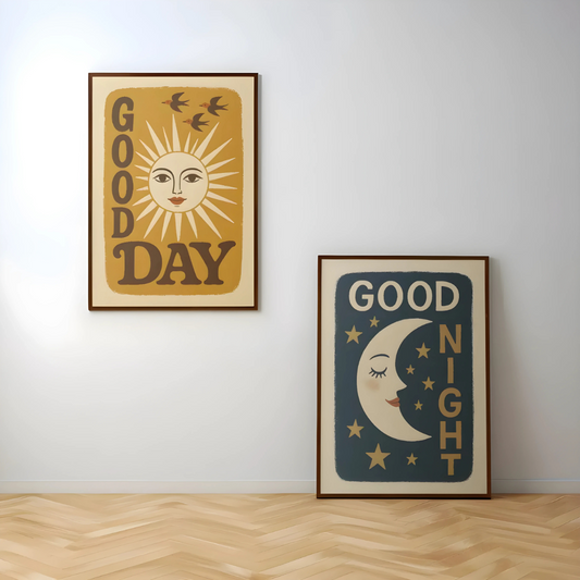 Set x 2 Cuadros abstractos Sol Y Luna Good Day Good Night