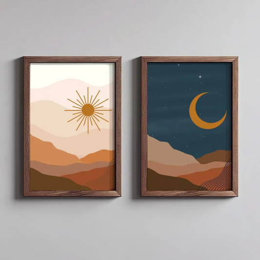 Set x2 Cuadros Decorativos Abstracto Sol y Luna Montaña Marron