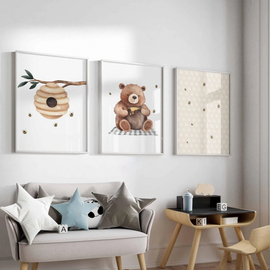Set x3 Cuadros Decorativo Miel Oso Bosque