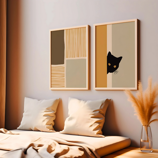 Set x 2  Cuadros Decorativos Abstracto Conjunto De Marrones Y Gato Negro