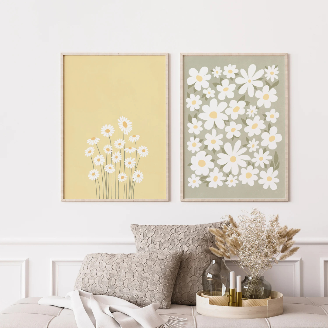 Set x2 Cuadros Decorativos margaritas Amarillo y verdes suaves