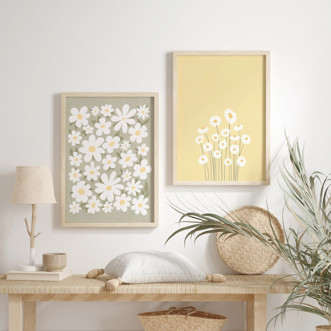 Set x2 Cuadros Decorativos margaritas Amarillo y verdes suaves