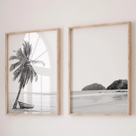 Set x2 Cuadros  blanco y negro, arte de pared de playa