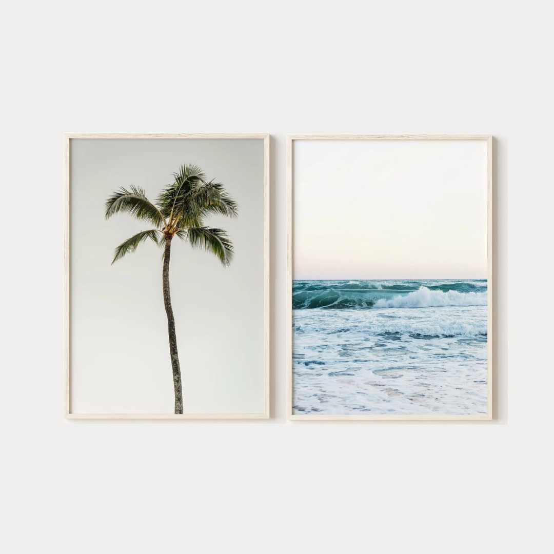 Set x2 Cuadros costeras tropicales, carteles de playa azul boho