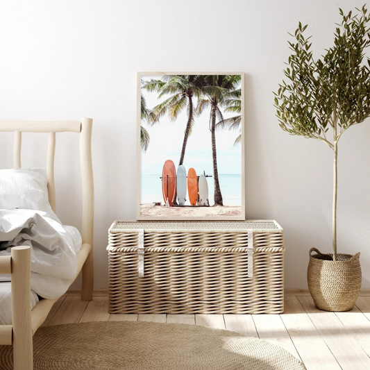 Cuadro fotografía de playa de surf, cartel de tabla de surf de palmera