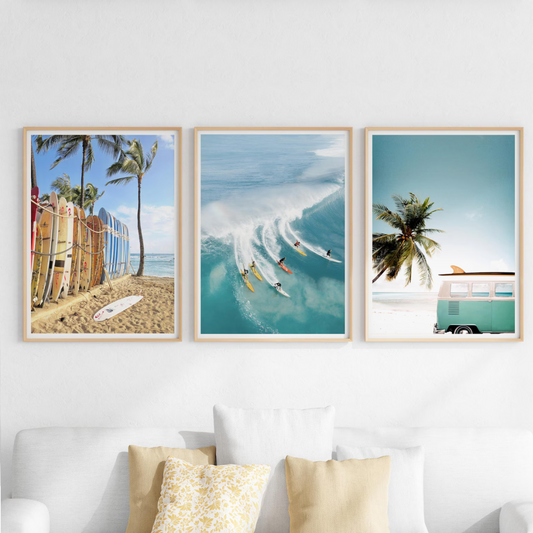 Set x3 Cuadros Decorativos Playa Arena Olas Palmeras y Hojas Verdes