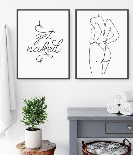 Set x2 Cuadros Decorativos Frase , "Get naked" abstracto, silueta - Tree House Deco