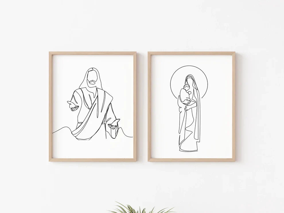 Set x2 Cuadro Decorativo obras de arte de Jesús, Virgen María