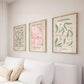 Set x3 Cuadros Decorativos Botánicos Hojas Verdes Flores Rosas Con Fondo Blanco